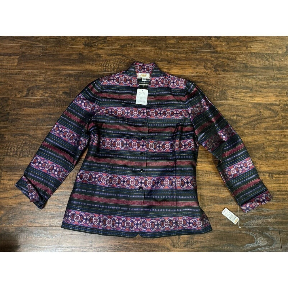Talbots Silk Blend Button Up Top Woman’s Aztec Print Long Sleeve V-Neck Sz:12